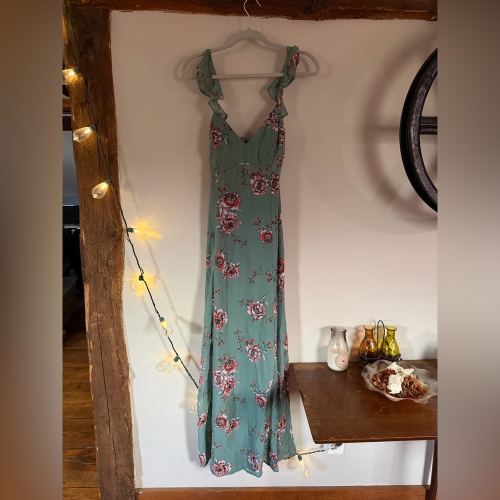 Japna Floral Maxi Dress Ruffle Sleeves Tie Back Blue Pink Size Large